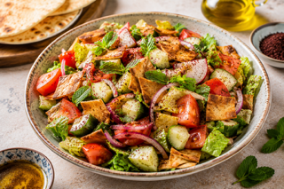 Lechuga, tomates, pepinos, cebolla, menta y perejil y pan pita frito, (sumac)y el zumo de limón